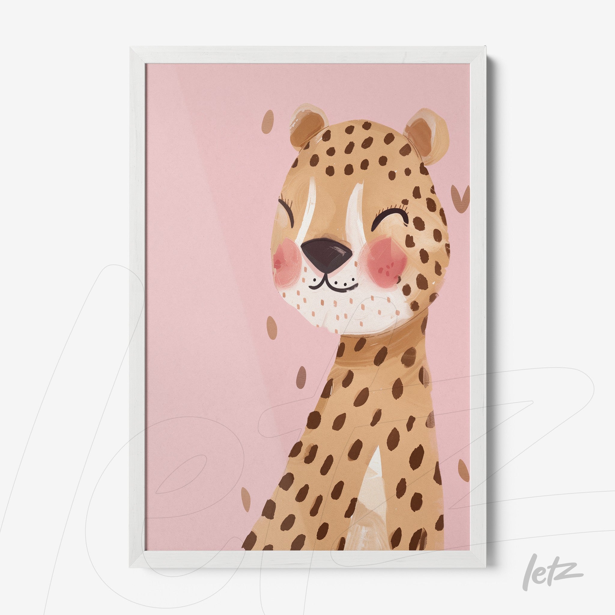 framed artwork of a smiling cheetah on pink background with white frame