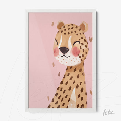 framed artwork of a smiling cheetah on pink background with white frame