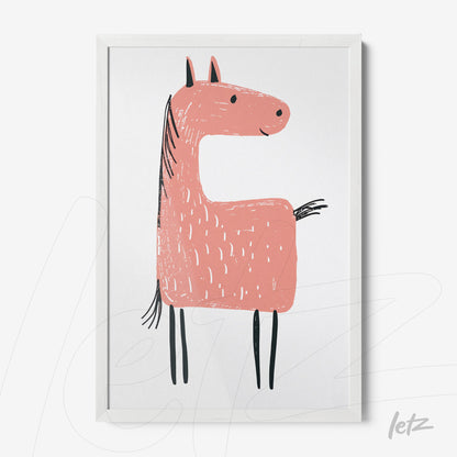 framed art print of a whimsical pink horse illustration with a white frame