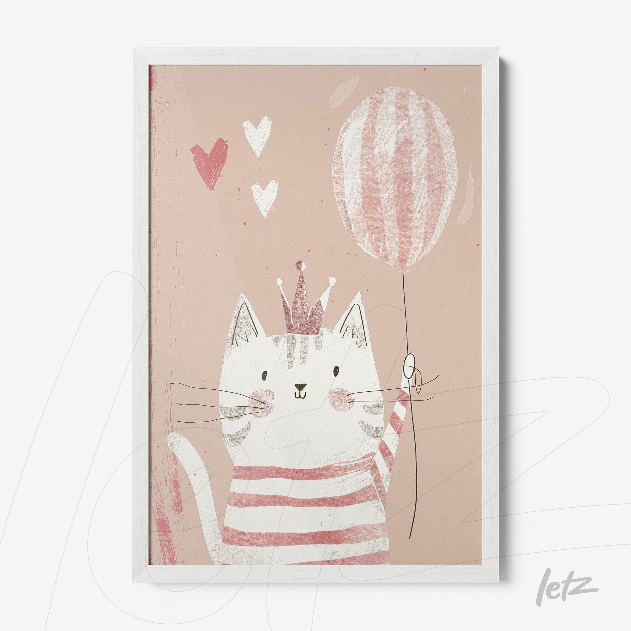 children's framed artwork of a cat wearing a party hat holding a balloon against a light pink background with hearts