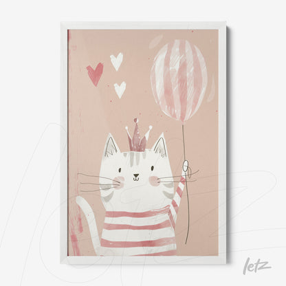 children's framed artwork of a cat wearing a party hat holding a balloon against a light pink background with hearts