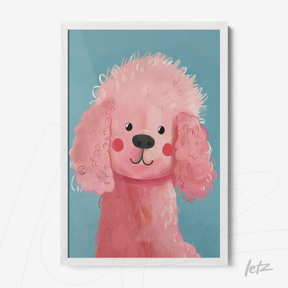 framed illustration of a pink curly-haired dog in white frame