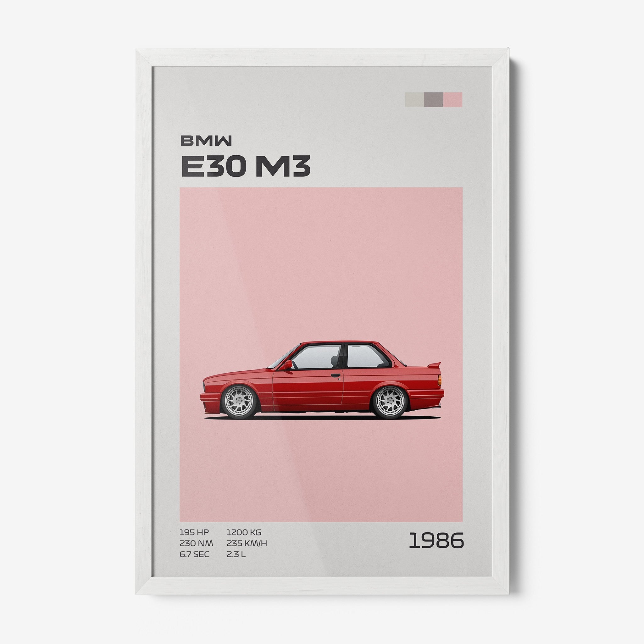 framed minimalist illustration of a BMW E30 M3 car with a white frame