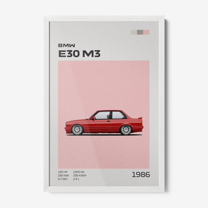 framed minimalist illustration of a BMW E30 M3 car with a white frame