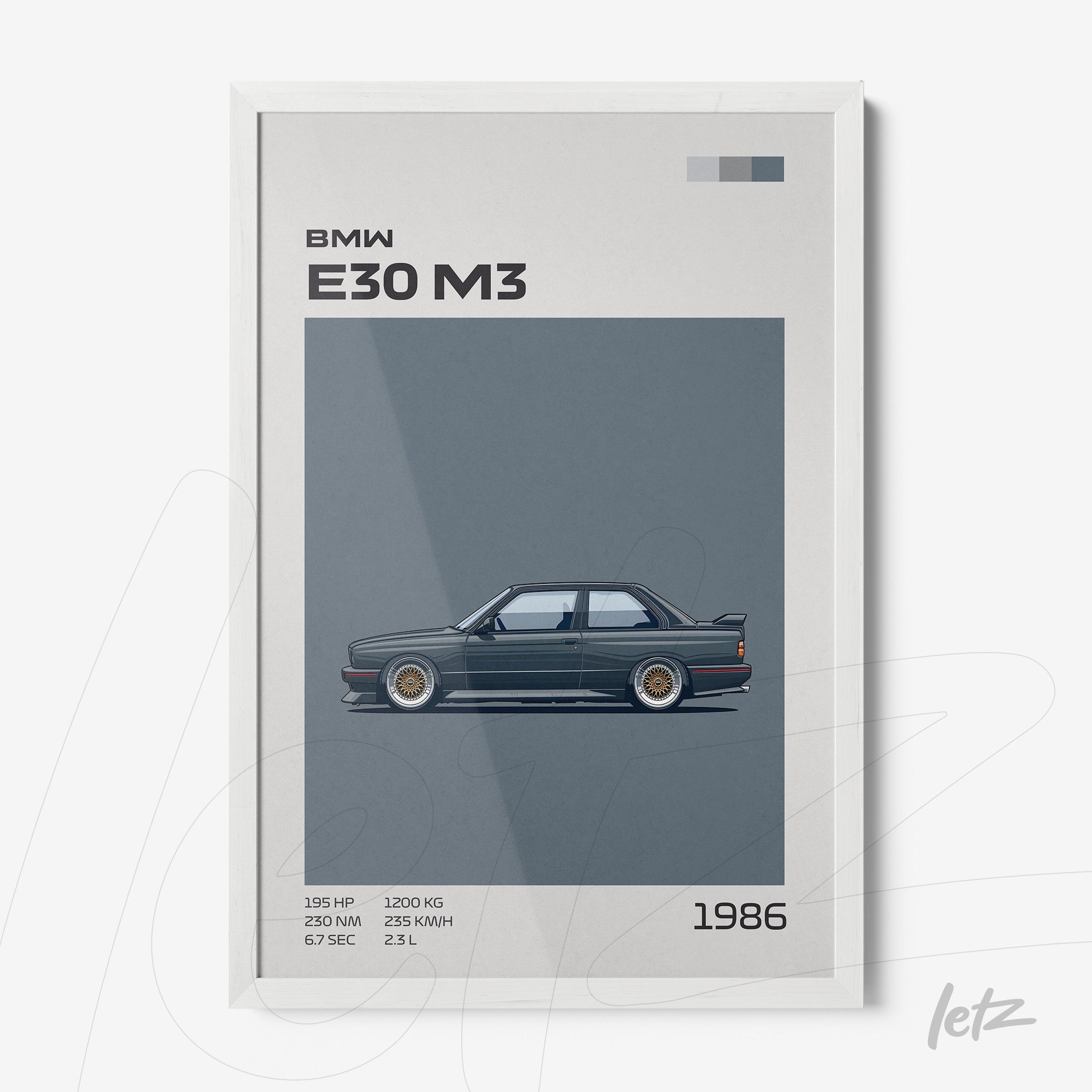 framed minimalistic illustration of the BMW E30 M3 car with white frame
