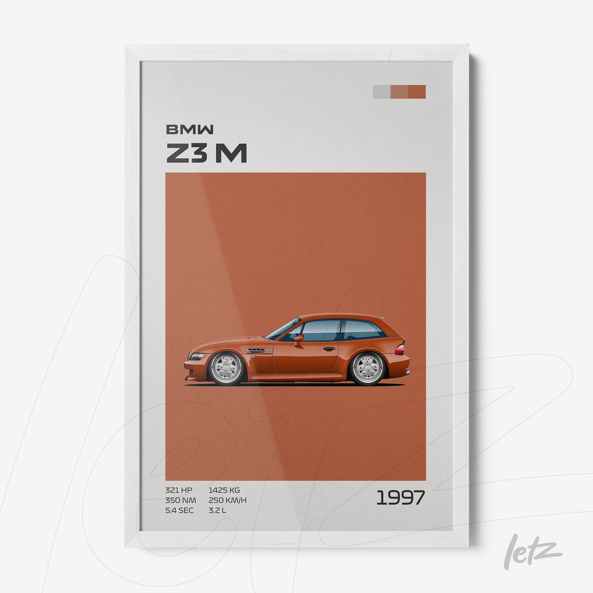 framed artwork of a BMW Z3M car illustration with a white frame, featuring an orange background and technical details at the bottom