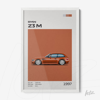 framed artwork of a BMW Z3M car illustration with a white frame, featuring an orange background and technical details at the bottom