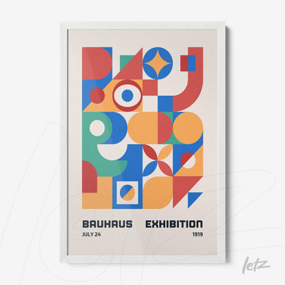 framed wall art featuring colorful geometric design inspired by Bauhaus style with white frame