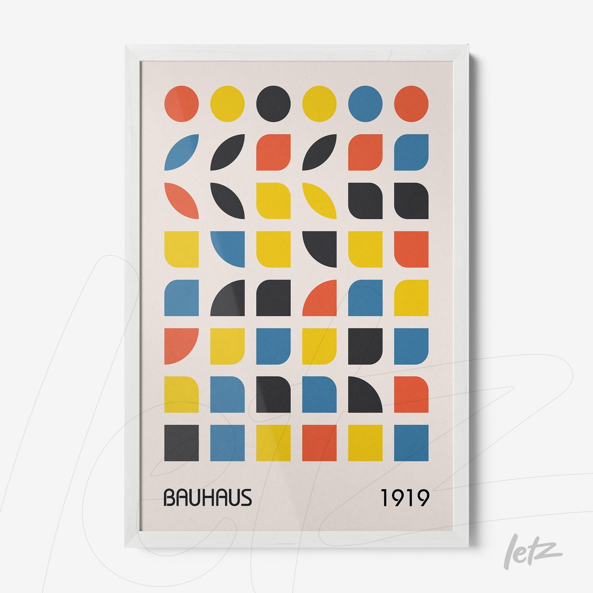colorful geometric pattern poster with white frame featuring circles and rectangular shapes in blue, yellow, and red