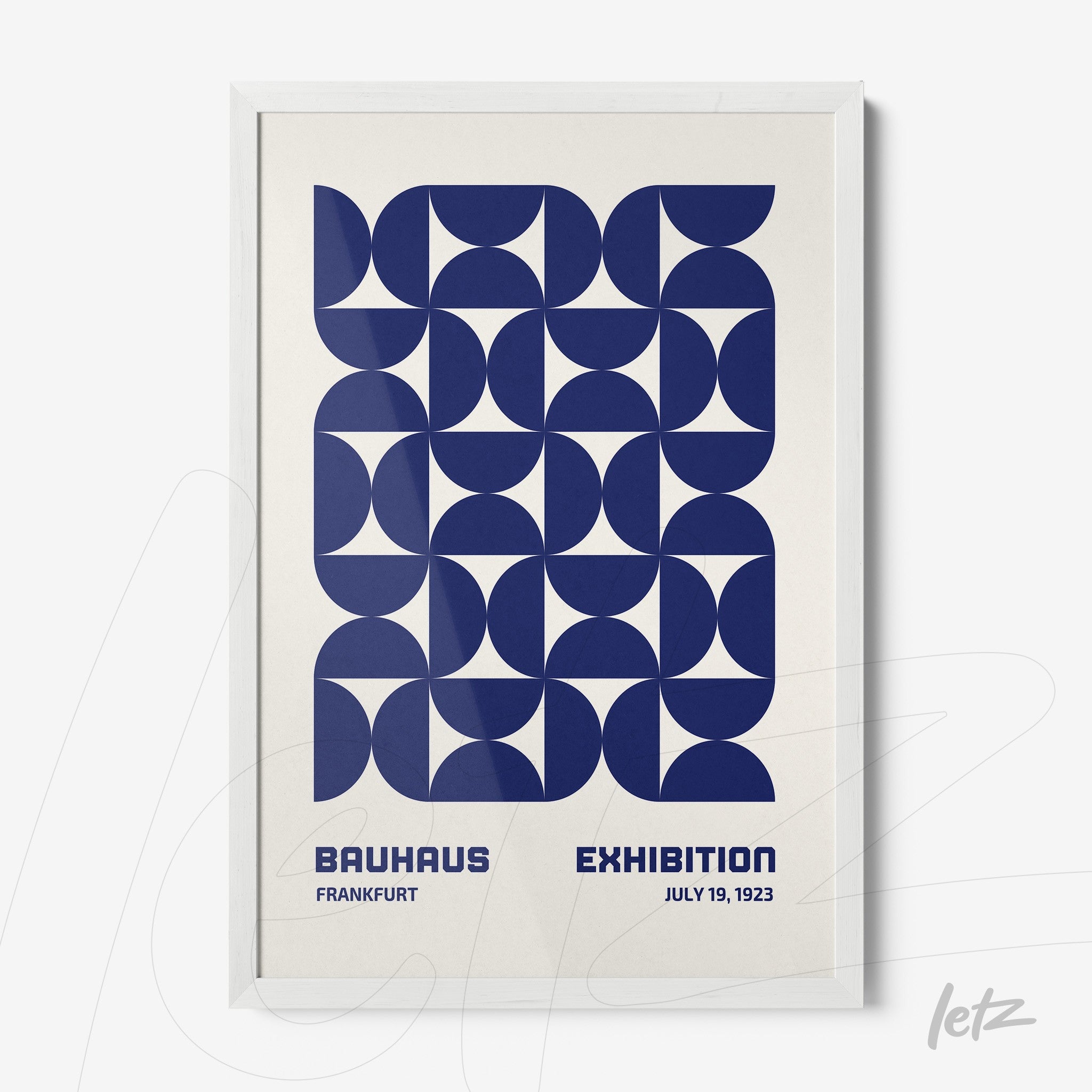 poster with blue geometric design and bauhaus exhibition 1923 text in a white frame