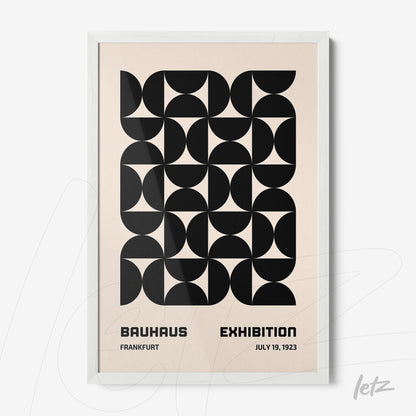 poster with black and white geometric Bauhaus style art displayed in a white frame