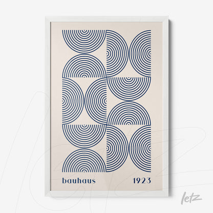 poster featuring geometric design of blue concentric circles in a white frame