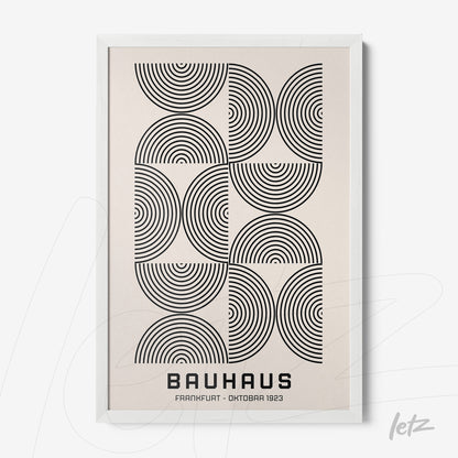 poster featuring black and white geometric design with concentric circles in white frame
