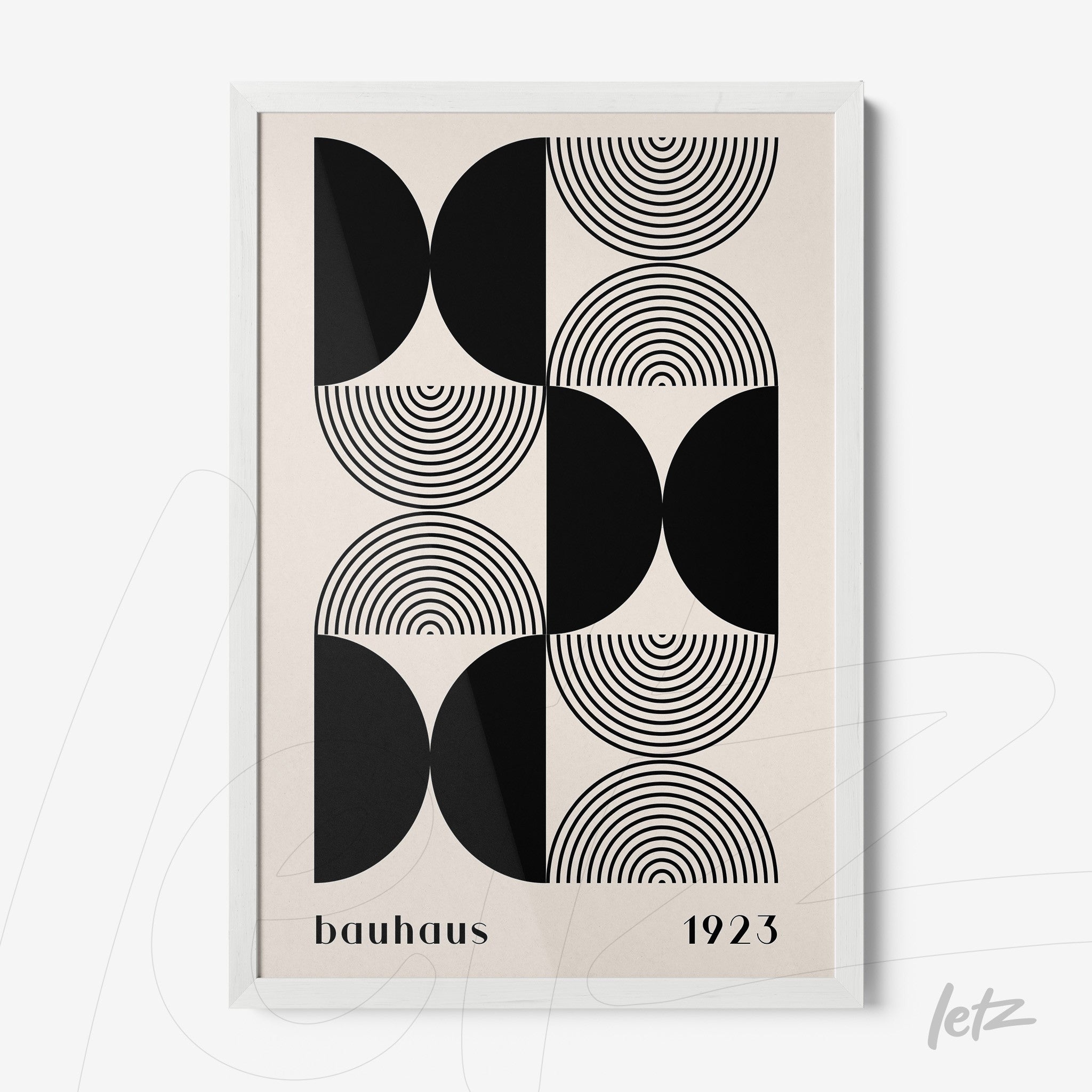abstract wall art with black circles and curved lines on beige background in white frame