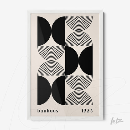 abstract wall art with black circles and curved lines on beige background in white frame