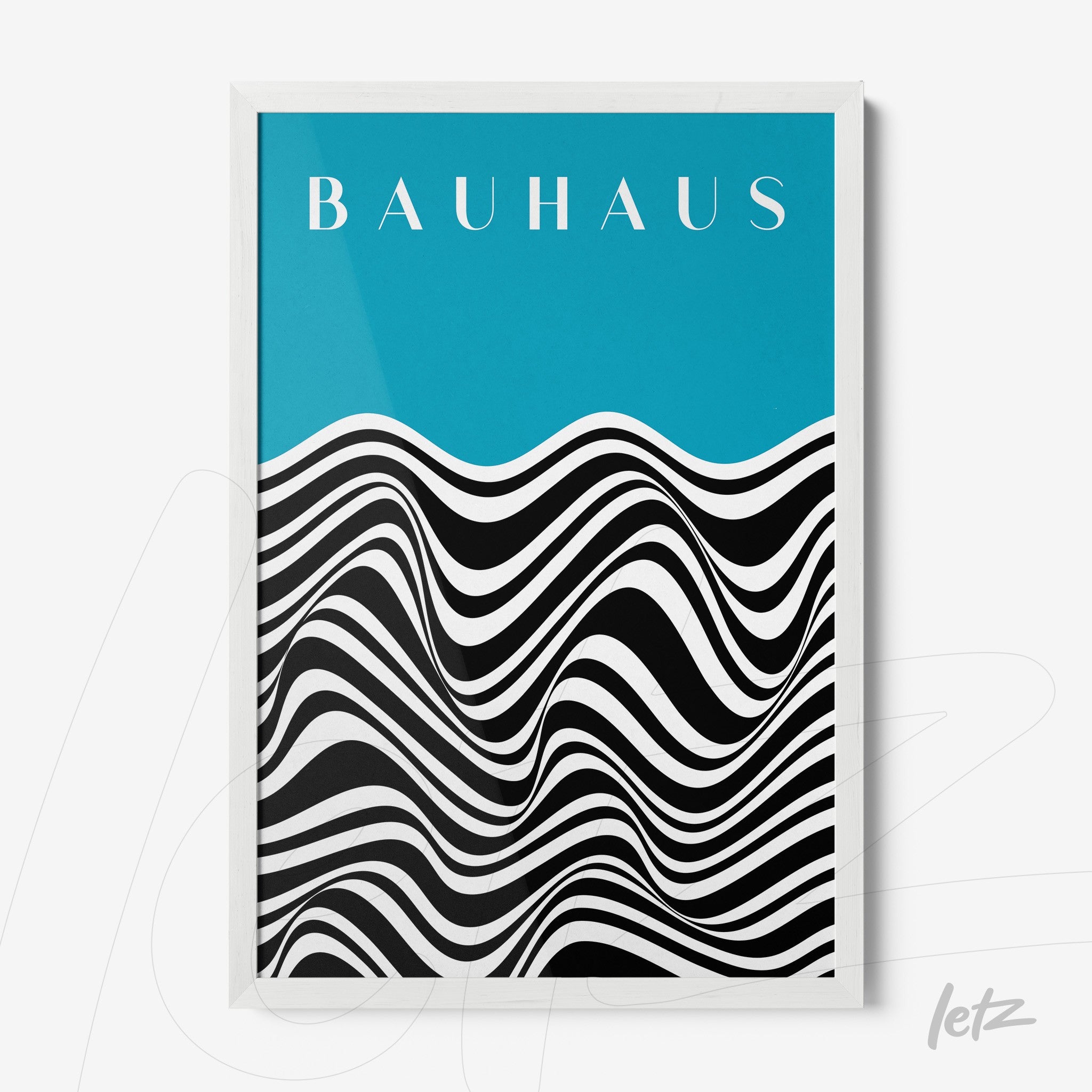 poster print featuring black and white geometric design at the bottom with a blue background displaying the text 'Bauhaus' in white letters