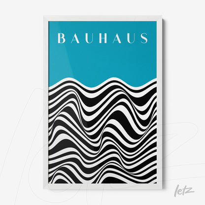 poster print featuring black and white geometric design at the bottom with a blue background displaying the text 'Bauhaus' in white letters