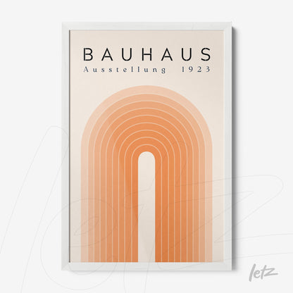 bauhaus style poster with orange-tone arches displayed in a white frame