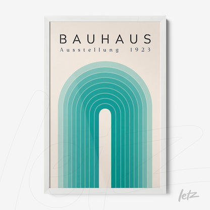 bauhaus style art print with concentric blue arches on beige background, white frame