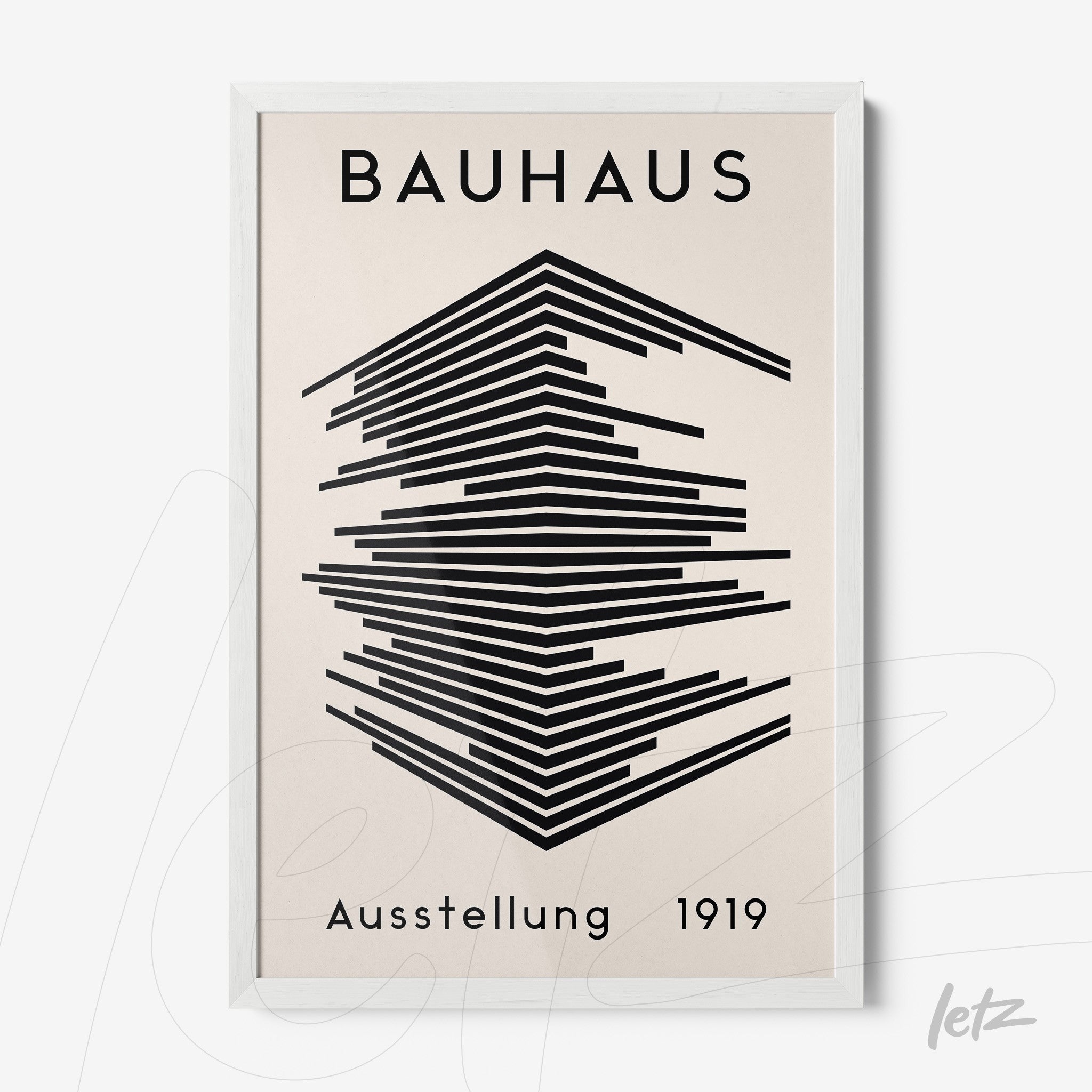 poster with black and white geometric illustration in bauhaus style framed in white