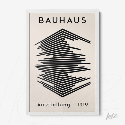 poster with black and white geometric illustration in bauhaus style framed in white