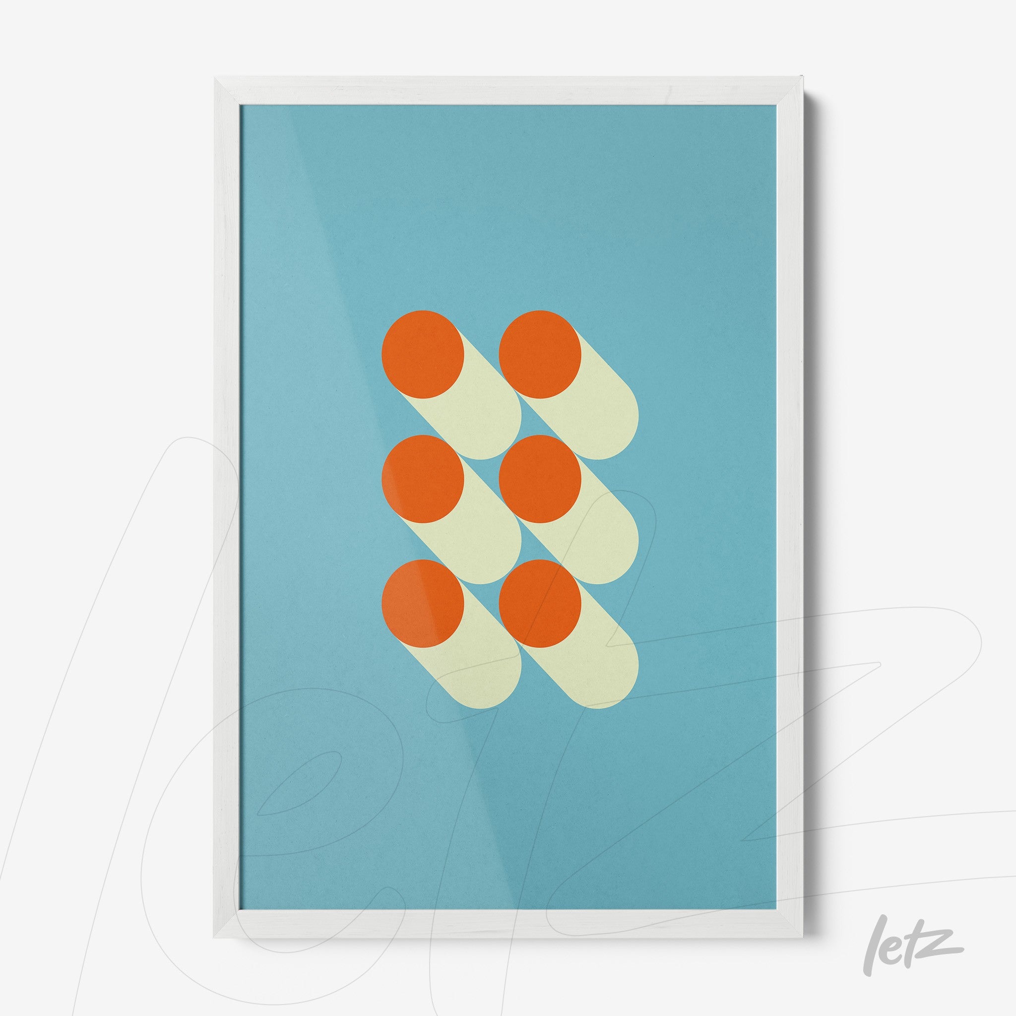 poster with geometric art of orange circles and shadows on a blue background framed in white