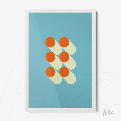 poster with geometric art of orange circles and shadows on a blue background framed in white