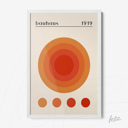 poster featuring concentric circles in shades of orange and red, bauhaus style, framed in white