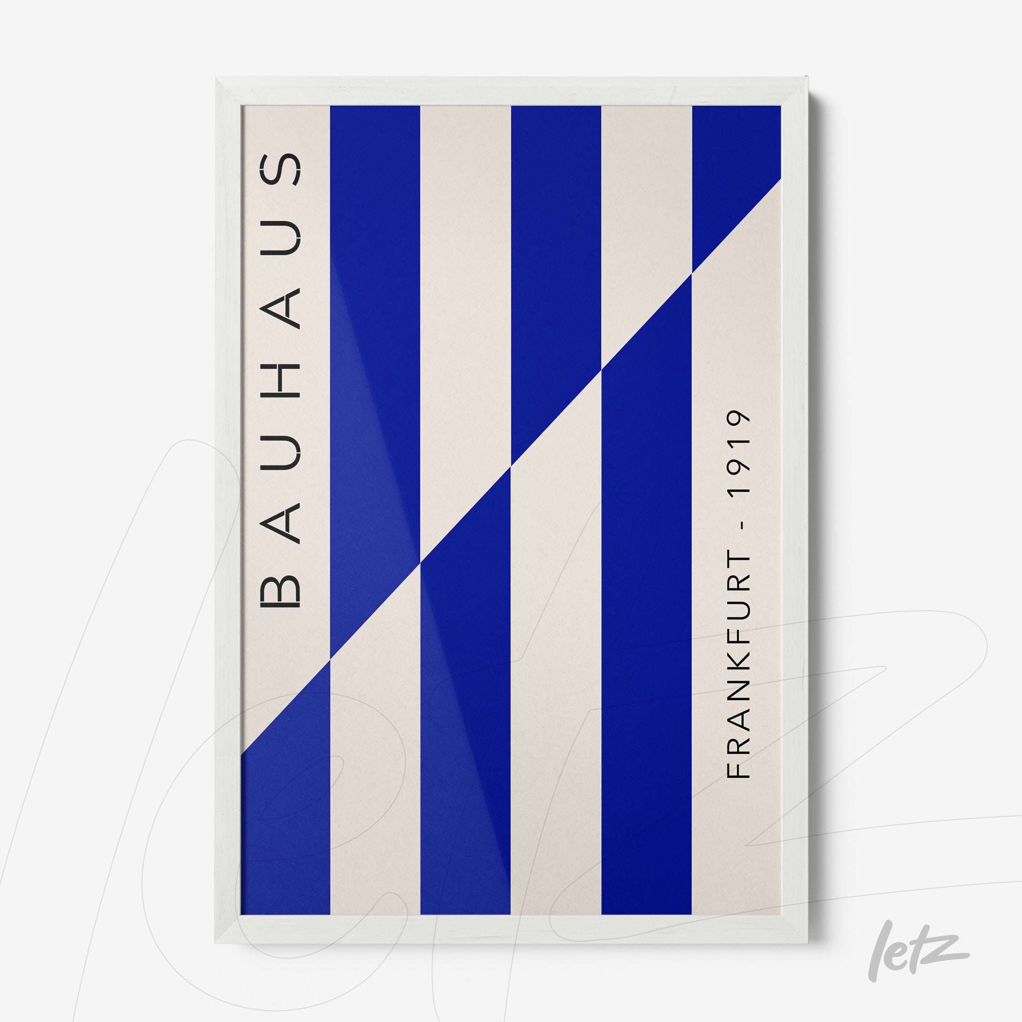 bauhaus style poster print with blue and white stripes framed in white