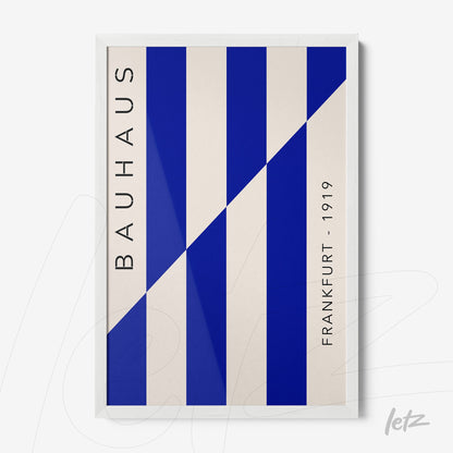 bauhaus style poster print with blue and white stripes framed in white