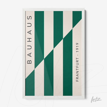 poster print featuring geometric design in green and gray tones, with vertical text on the sides and white frame