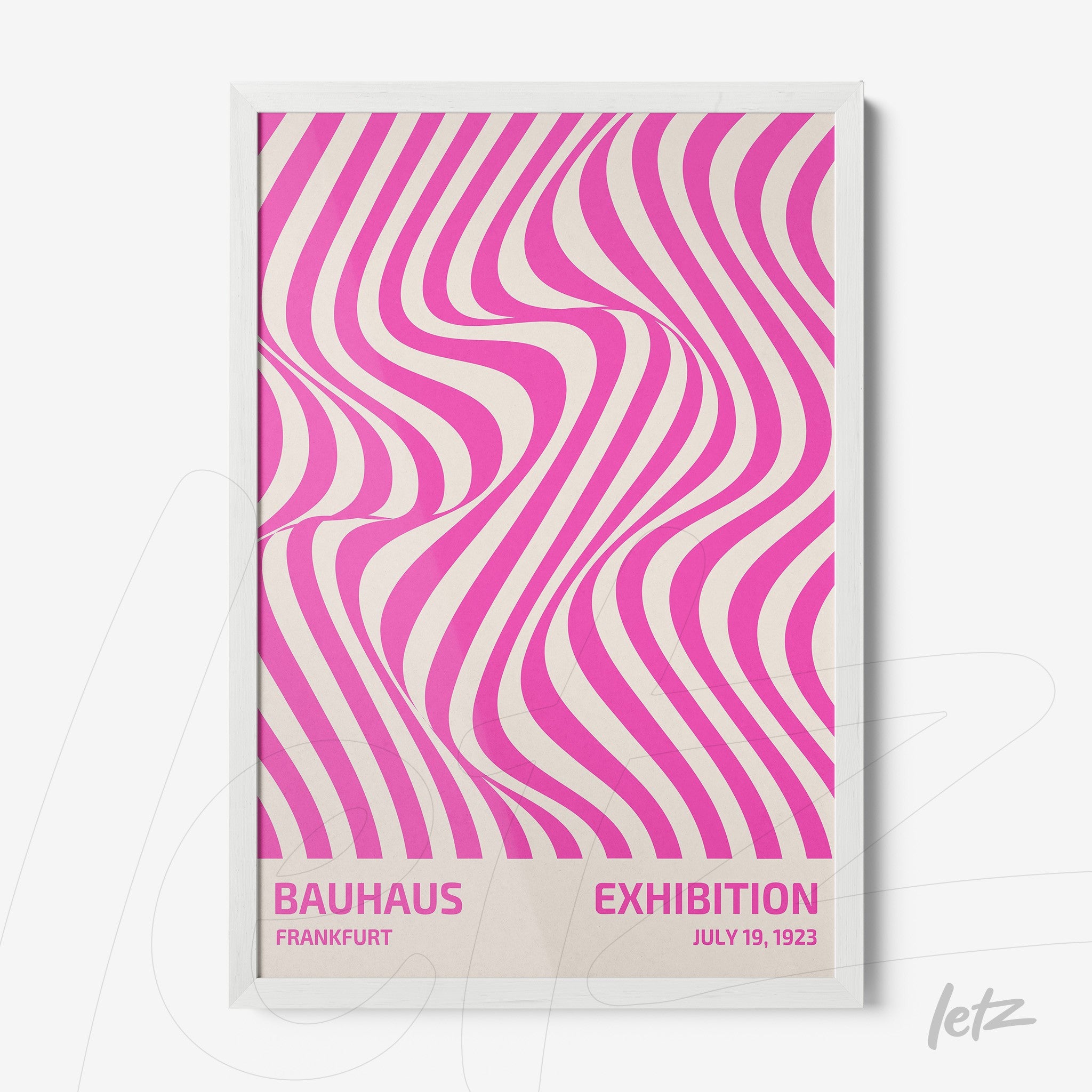 poster featuring pink and white wavy pattern with white frame