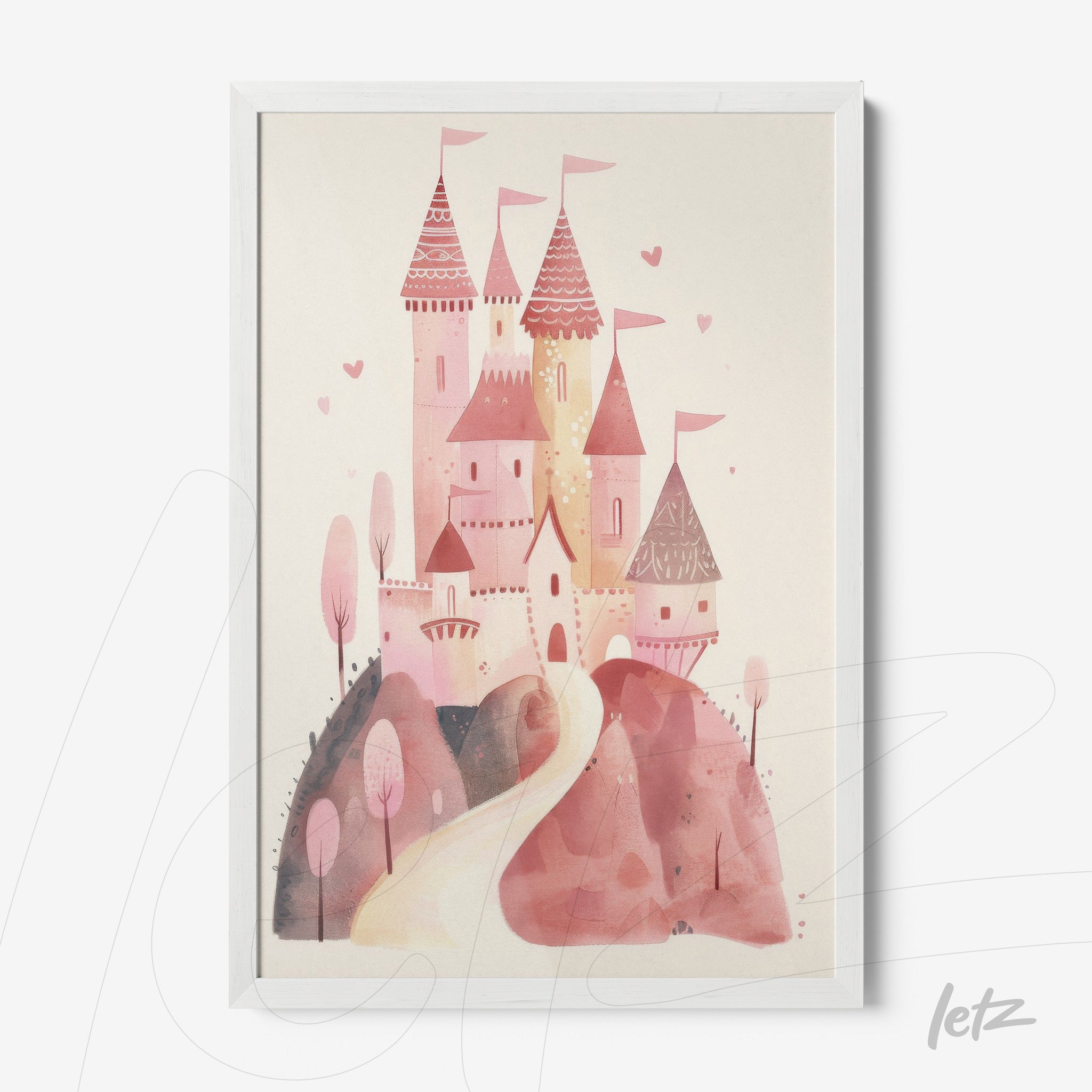 framed artwork depicting a pink castle with towers and banners in a white frame