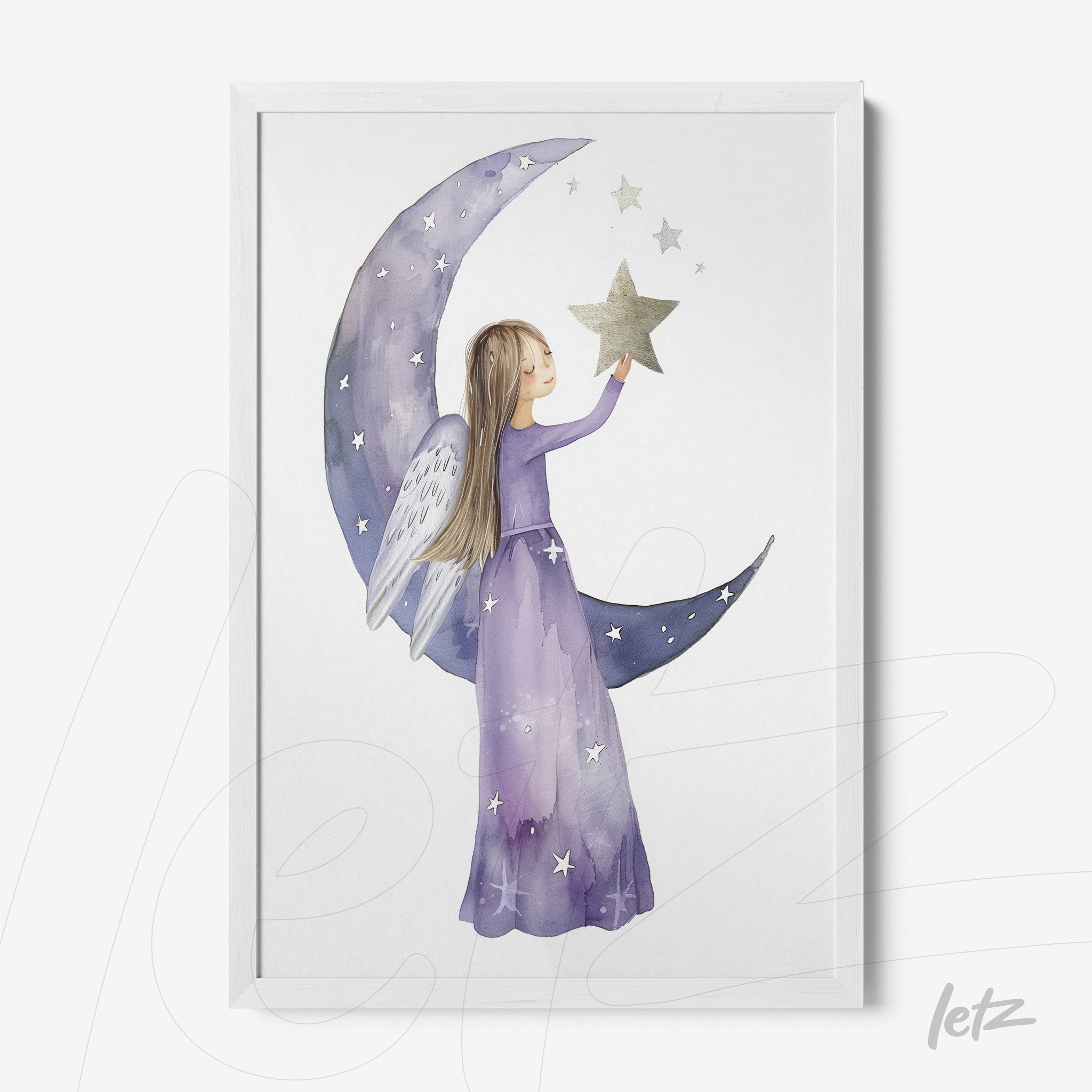 framed artwork of a girl with wings wearing a purple dress holding a star under a crescent moon