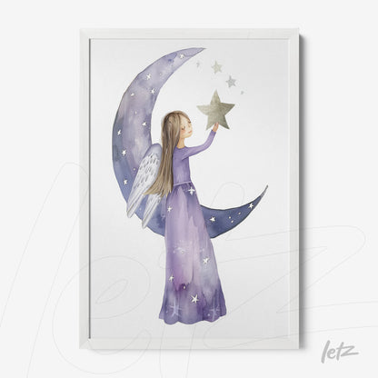 framed artwork of a girl with wings wearing a purple dress holding a star under a crescent moon