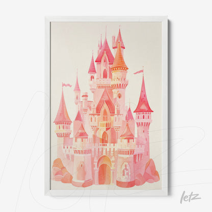 framed artwork of a pink castle with coral and pink towers