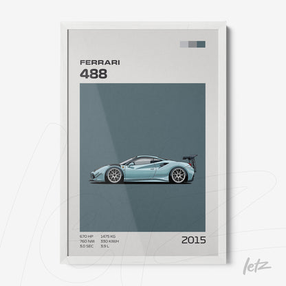 framed artwork featuring a stylized illustration of a Ferrari 488 sports car with white frame