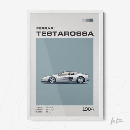 framed artwork featuring a stylized illustration of the Ferrari Testarossa with a white frame