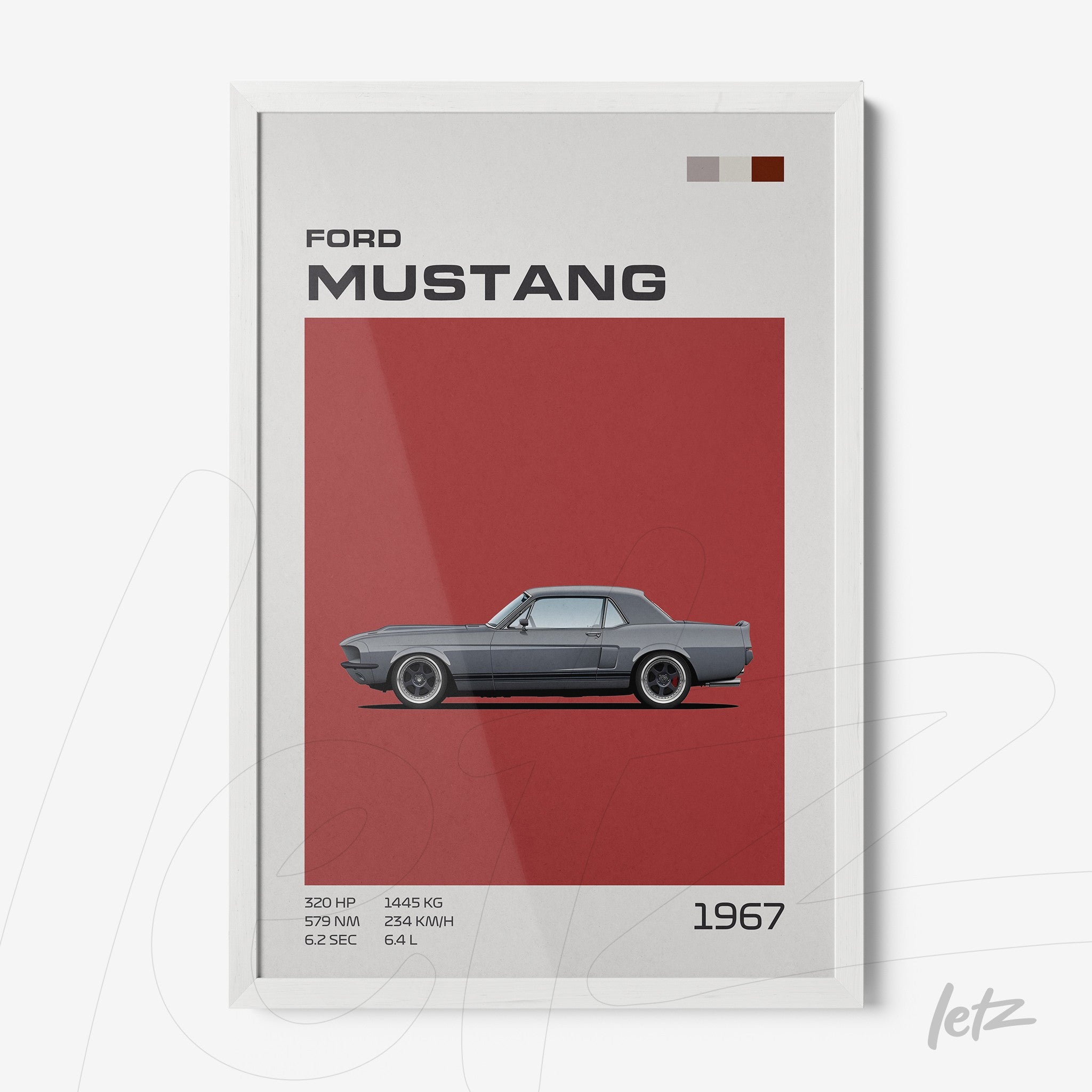 framed graphic art of the 1967 Ford Mustang featuring the car against a red background