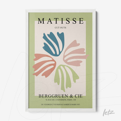 framed art print featuring matisse cut outs with a white frame and soft green background