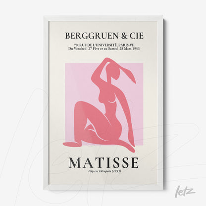 framed modern art featuring a pink female figure against soft colored background with white frame