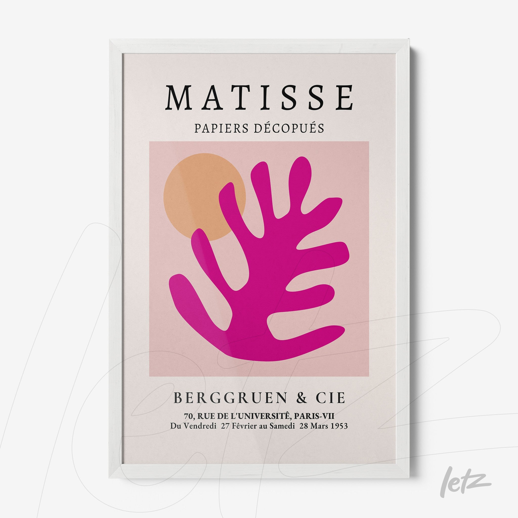 framed wall art in minimalistic style featuring Matisse-inspired cutouts with a light pink background and organic leaf shapes in shades of pink and orange