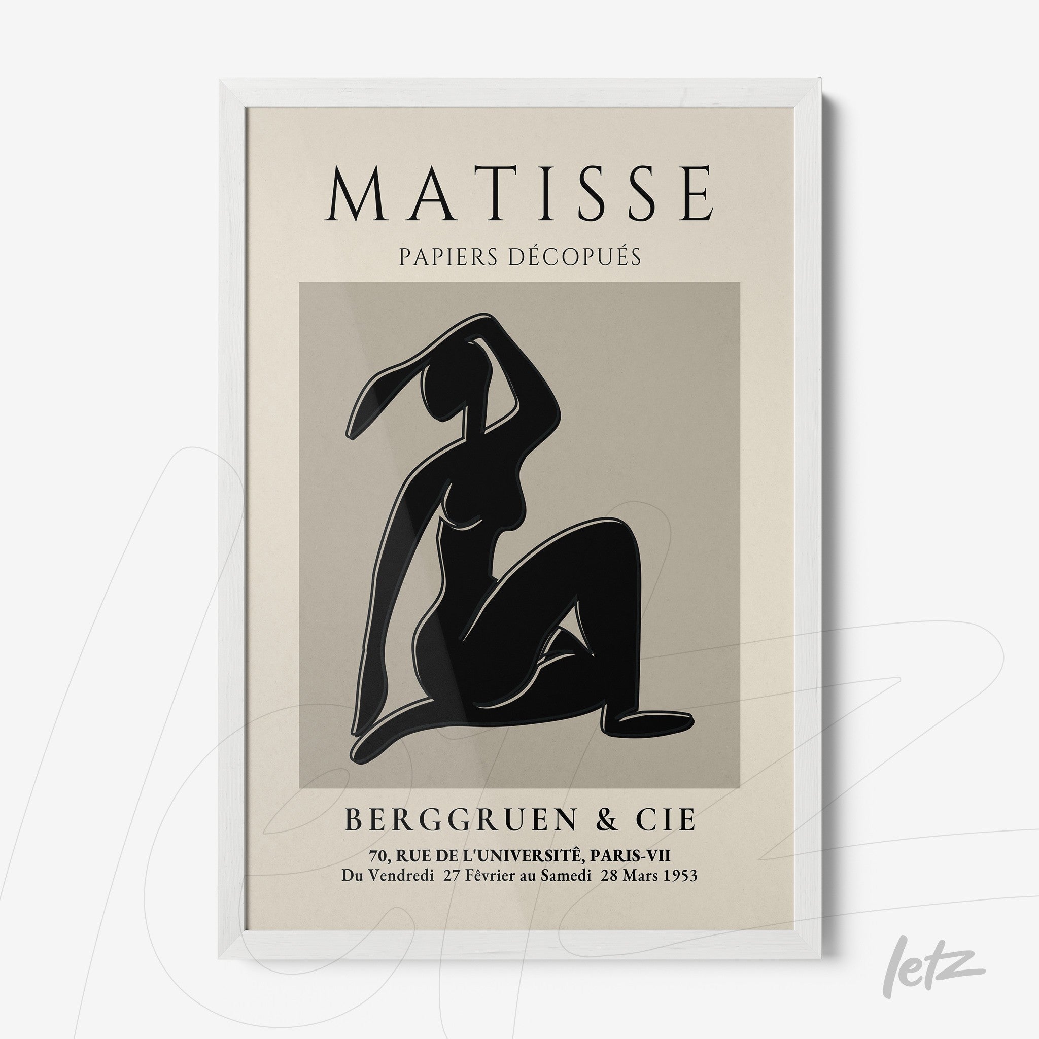 framed wall art featuring a minimalist black and white depiction of a female figure with a white frame