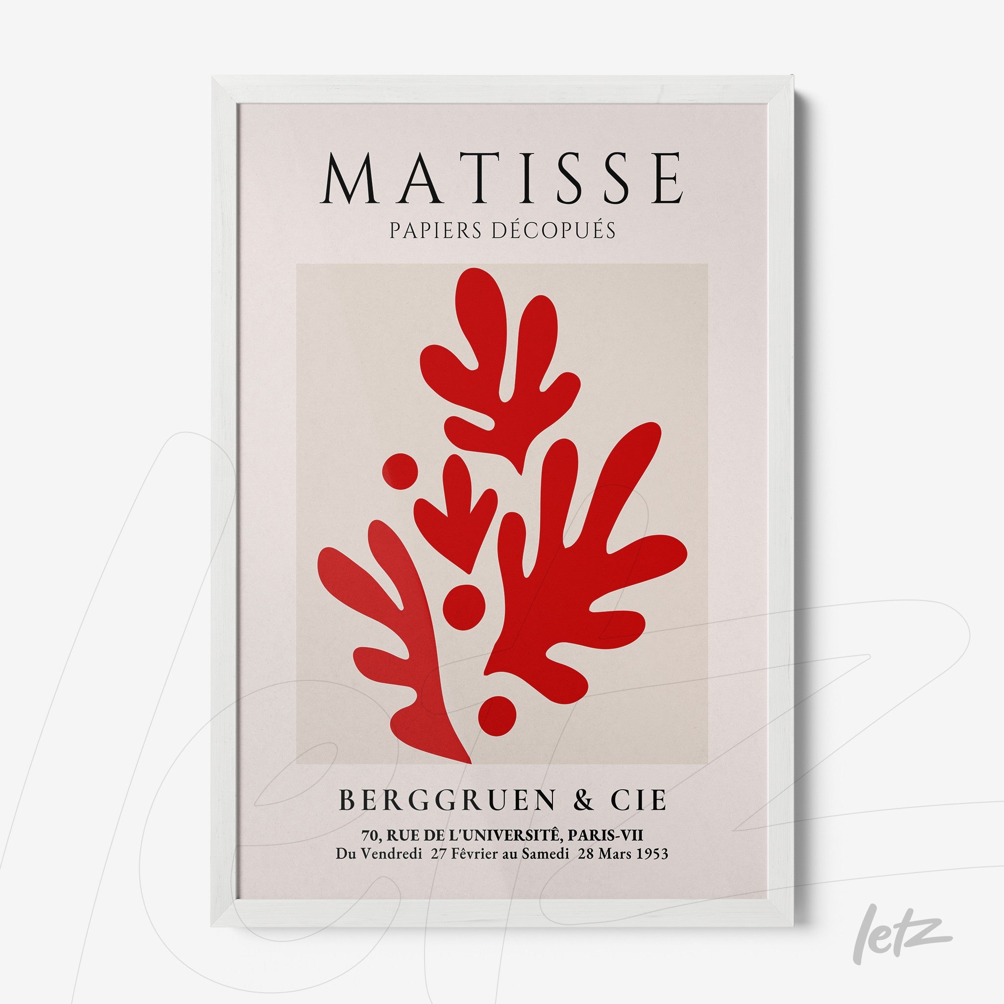 framed modern art inspired by Matisse featuring abstract red shapes on light background with white frame