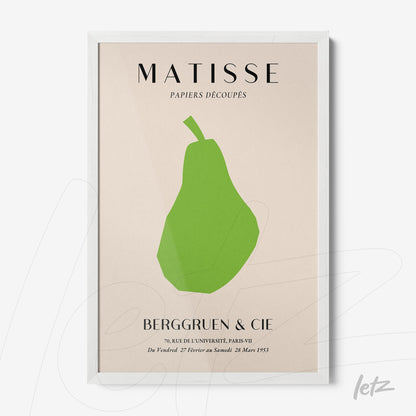 framed modern art print of a stylized green pear on a light background