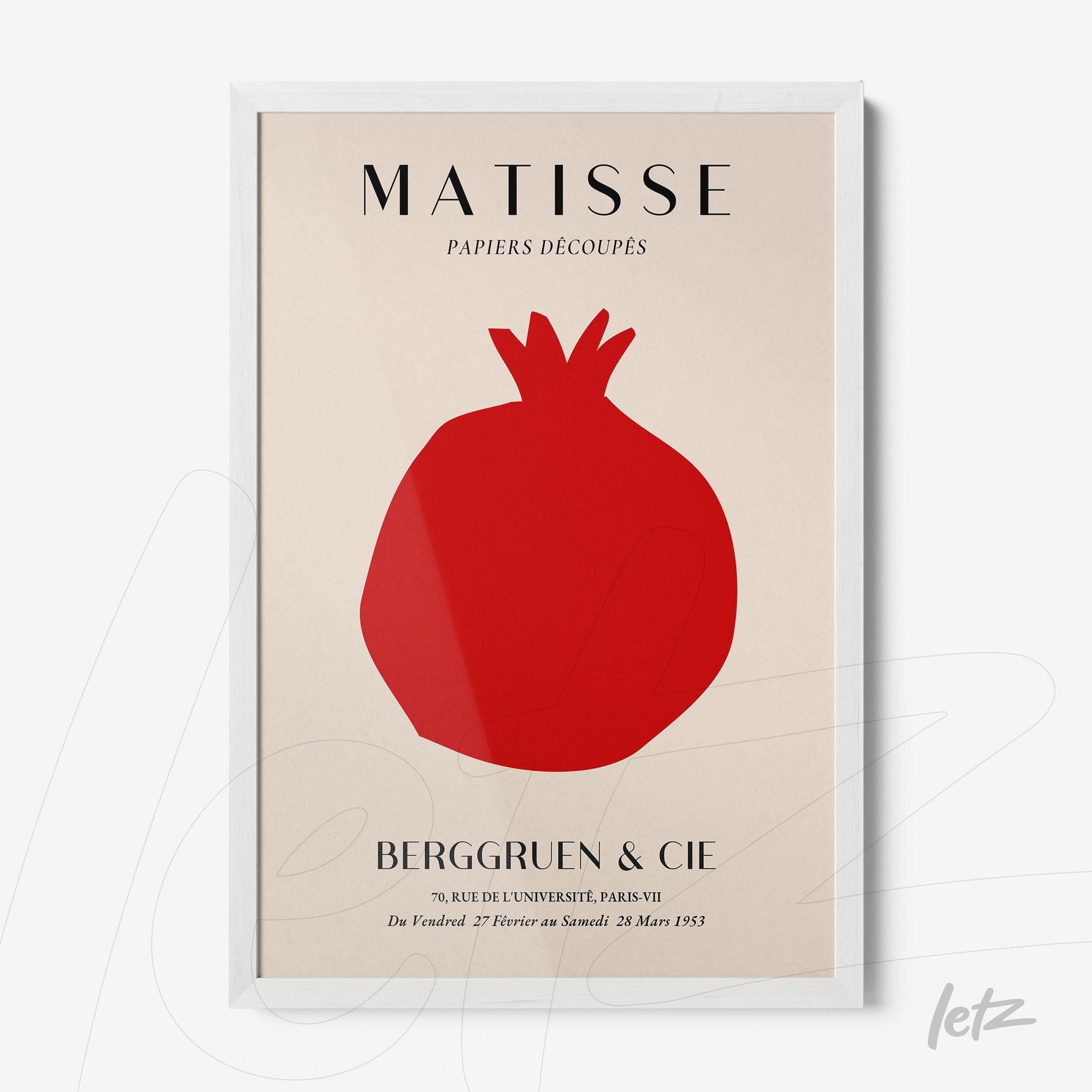 modern art print featuring a red pomegranate in a white frame