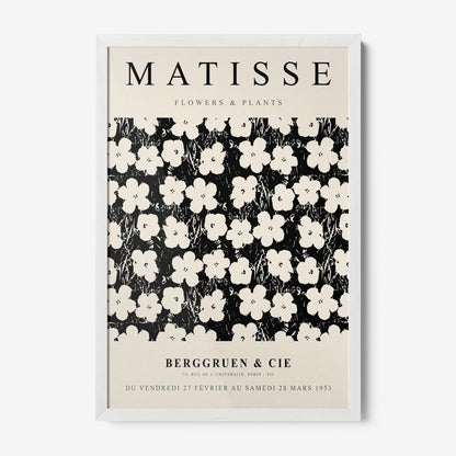 artwork inspired by Matisse featuring white flowers on a black background with a white frame