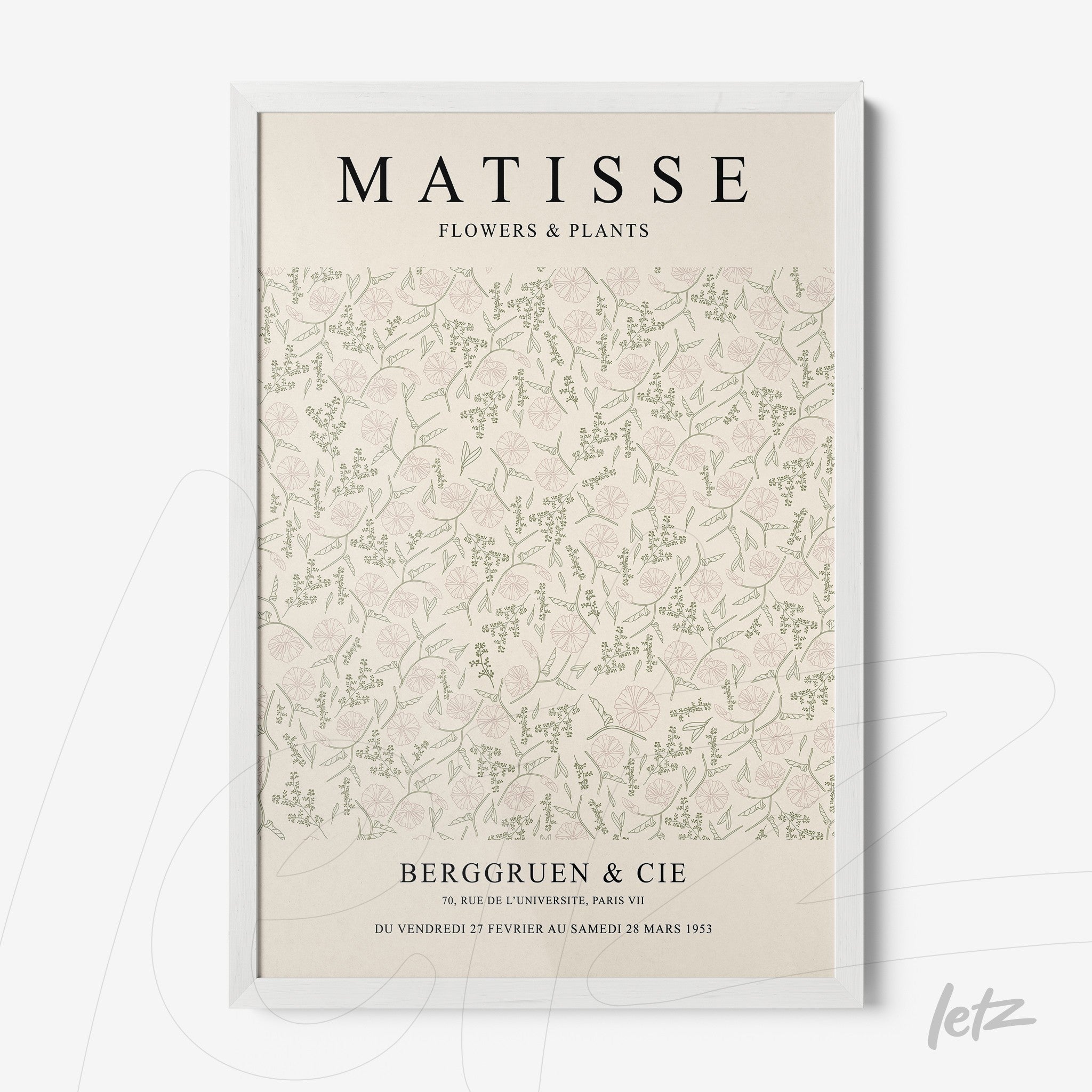 framed wall art featuring floral design inspired by Matisse with white frame
