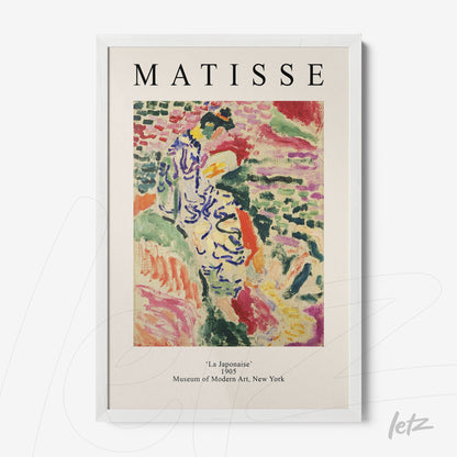 framed artwork by Matisse titled 'La Japonaise', white frame with a light textured background and colorful elements