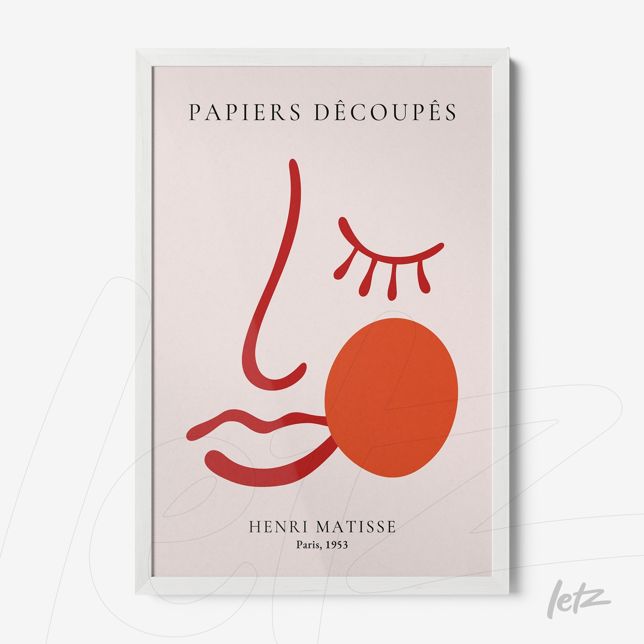 framed modern art piece in minimalistic style featuring a stylized face with abstract shapes on a light background